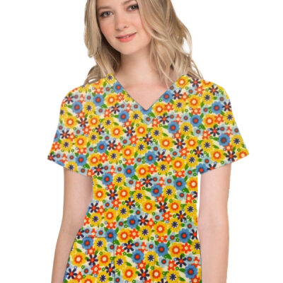 Blooming Flowers Print Top V Neck 2 Pocket Half Sleeve