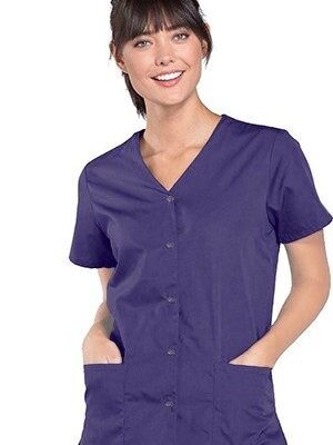 Scrub top 2 pocket solid ladies front open v-neck with snap buttons half sleeve
