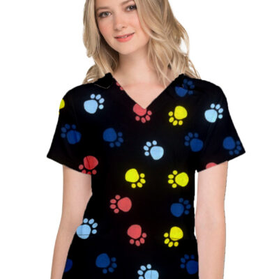 Paw Print Top V Neck 2 Pocket Half Sleeve