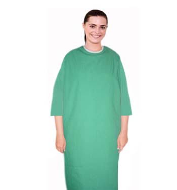 Patient gown back open 3/4 sleeve with contrast piping and back ties
