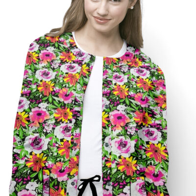 Pink Rose Print Jacket 2 Pocket Unisex Full Sleeve With Rib