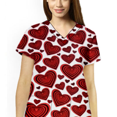 Red hearts Print Top V Neck 2 Pocket Half Sleeve