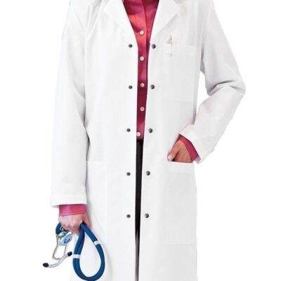 Poplin labcoat unisex full sleeve with snap buttons 3 pockets solid pleated (48 % cotton 52 % polyester) available in 36 38 40 42 inch lengths