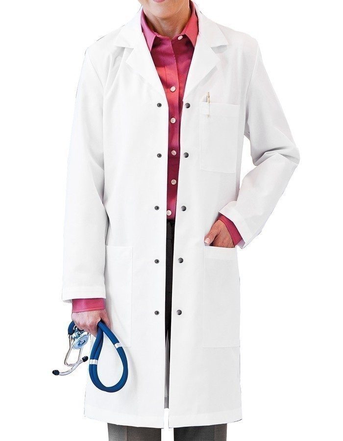 Poplin labcoat unisex full sleeve with snap buttons 3 pockets solid pleated (48 % cotton 52 % polyester) available in 36 38 40 42 inch lengths