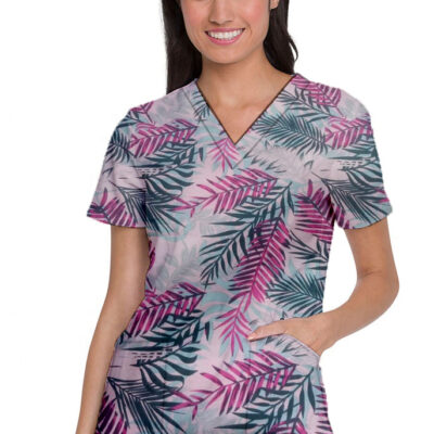Pink leaves Print Top V Neck 2 Pocket Half Sleeve