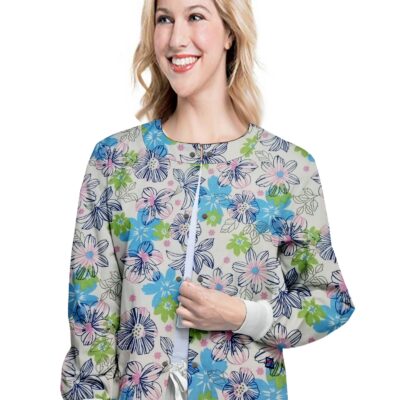 blue green flower printed jacket 2 pockets unisex full sleeve with rib
