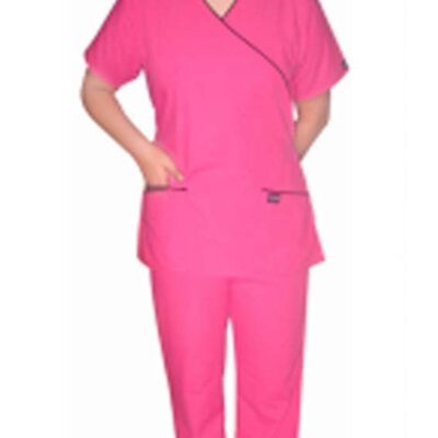 Stretchable Scrub Set Mock Wrap 5 pocket solid half sleeve (top 3 pocket with bottom 2 pocket boot cut) in 35% Cotton 63% Polyester 2% Spandex