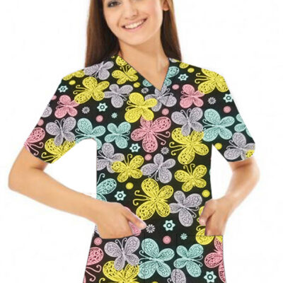 Multicolor Butterflies Printed Top V Neck 2 Pocket Half Sleeve
