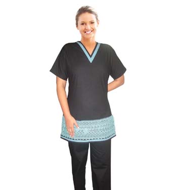 Stylish lace spa v neck top without pocket half sleeve ladies with matching stripe style solid